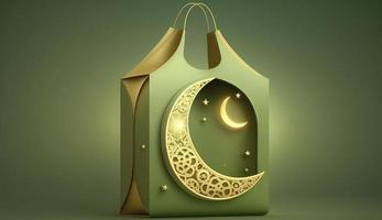 handla väska, gåva låda, lykta, guld halvmåne måne på grön bakgrund. design begrepp av islamic firande dag ramadan kareem eller eid al fitr adha, 3d illustration, generera ai foto