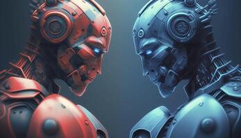 två trogen robotar innan match i blå och röd Färg. efterproduktion generativ ai digital illustration. foto