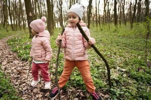 två liten flickor spelar med pinnar i vår skog. foto