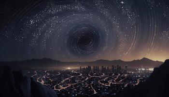 en stadsbild med virvlar av dimma och stjärnor belysande de natt, generativ ai foto