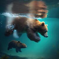 Björn dykning under vattnet med henne barn, generativ ai foto