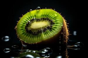 kiwi, en skiva av färsk kiwi frukt täckt i vatten droppar. svart bakgrund. generativ ai foto