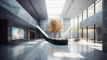 museum av konst, ultramoderna lobby. arkitektonisk lösning. generativ ai foto