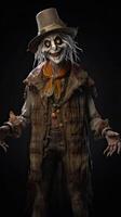 porträtt av gammal fruktansvärd scarecrow i mörk dölja och smutsig hatt står. halloween begrepp. generativ ai. foto
