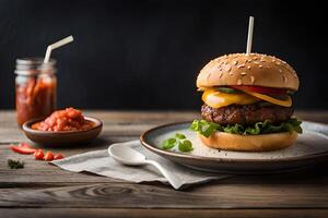 hemlagad ost burger med en nötkött bulle och ketchup på trä- bakgrund. ai generativ foto