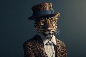 herre, de chef är en formidabel fick syn på leopard i en hatt, kostym och slips. baner rubrik. ai genererad. foto