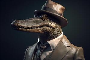 herre chef krokodil aligator i hatt, kostym och slips. baner rubrik. ai genererad. foto