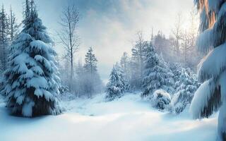 de landskap av snöig skog i vinter- med ai genererad. foto