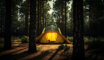 sommar läger i de tall skog, utsikt av camping tält bland de tall träd ,generativ ai foto