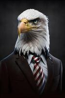 ai genererad porträtt av Örn i svart kostym vit t-shirt, USA flagga slips. abstrakt personlighet på de grå bakgrund. foto