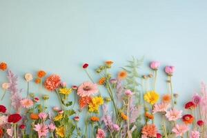 festlig blommig sammansättning. blommor på ljus färgad bakgrund. generativ ai foto