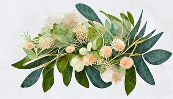 vattenfärg eukalyptus blomma arrangemang, grönska grenar och jasmin blommor ClipArt. generativ ai foto