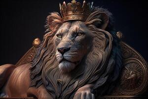 gyllene lysande kung av djur lejon på en kunglig gyllene tron. ai generativ foto