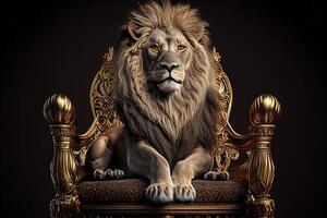 gyllene lysande kung av djur lejon på en kunglig gyllene tron. ai generativ foto