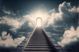 en trappa ledande till ett öppen dörr i de himmel. generativ ai. foto
