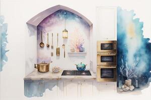 vattenfärg målning av en kök med en spis och ugn. generativ ai. foto