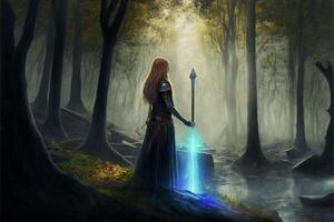 kvinna stående i de mitten av en skog innehav en svärd. generativ ai. foto