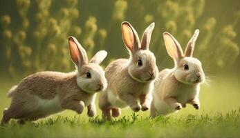 söt liten kaniner löpning på gräs fält gård i de morgon- med solljus, njut av härlig och lycka, kanin i färsk miljö vår årstider, med generativ ai. foto