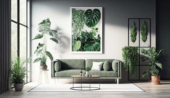 minimal levande rum med interiör soffa och grön natur tropisk växt dekoration, lövverk löv natur skog tema koncept, Hem dekoration falsk upp, med generativ ai. foto