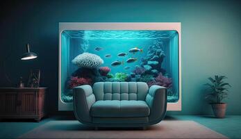 minimal levande rum med interiör soffa och under de hav fisk tank eller akvarium dekoration, under vattnet med korall rev och fiskar design koncept, Hem dekoration falsk upp, med generativ ai. foto