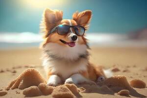 skön söt valp är bär solglasögon på sand strand hav på sommar semester högtider. begrepp av sommar semester, hav tillflykt, högtider. annons av solglasögon. generativ ai foto