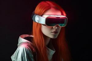 kvinna använder sig av virtuell verklighet headset. vr prylar, , utbildning uppkopplad eller spel begrepp. generativ ai foto