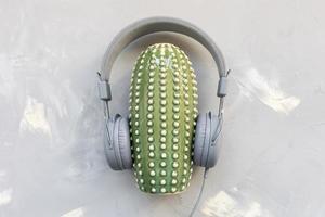 hörlurar och keramisk kaktus på grå bakgrund foto
