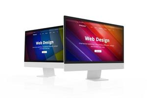 två modern dator visas terar webb design studio begrepp sida. design projekt och visa upp webb design begrepp foto