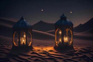 Foto arabicum lykta med brinnande ljus lysande på natt