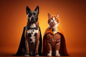 superpet katt och hund som superhjältar med cape på orange bakgrund. skapas generativ ai foto