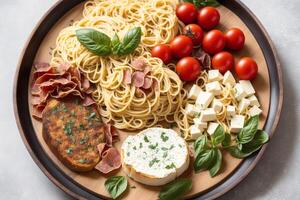 italiensk kök. blandad italiensk aptitretare på en tallrik. spaghetti med köttbullar, tomat sås och basilika. generativ ai foto