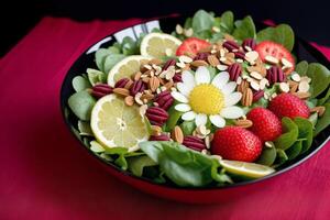 färsk sallad med grön oliver, fetaost ost och körsbär tomater i en skål. friska sallad. generativ ai foto