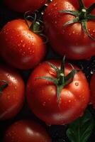 färsk tomater i droppar av dagg som en bakgrund. generativ ai. foto