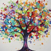 abstrakt träd med rötter och färgrik löv. isolerat på vit bakgrund. platt stil, vektor illustration. generativ ai. foto