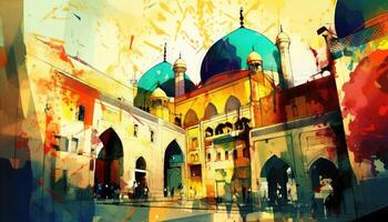 vatten Färg målning arabicum islamic typografi design Mawlid al-nabawai al-sharif hälsning kort med kupol och minaret av de profetens moskén. generativ ai foto