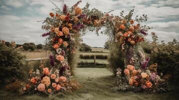 generativ ai, bröllop ceremoni boho rustik stil båge med blommor och växter, blomma buketter. foto