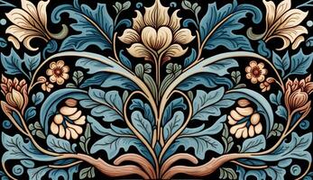 generativ ai, blommig färgrik mönster. william morris inspirerad naturlig växter och blommor bakgrund, årgång illustration. folk stil foto