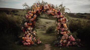 generativ ai, bröllop ceremoni boho rustik stil båge med blommor och växter, blomma buketter. foto
