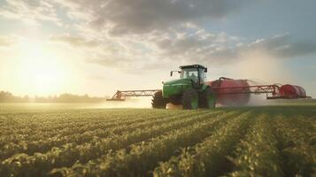 generativ ai, traktor besprutning en fält, bruka landskap, jordbruks skön landsbygden, Land väg. natur illustration, fotorealistisk topp se horisontell baner. foto