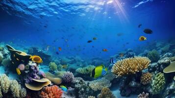 under vattnet korall rev landskap super bred baner bakgrund i djup blå hav. illustration ai generativ foto