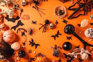 topp se på läskigt halloween motiv med ben plast spindlar pumpor och fladdermöss på ett orange yta skapas med generativ ai teknologi. foto