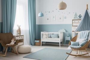 en bebis pojke rum i pastell blå skapas med generativ ai teknologi. foto