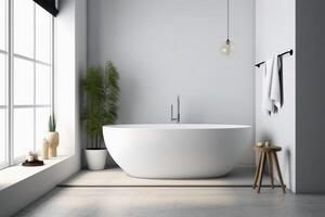 en badrum i en nordic stil med en vit badkar skapas med generativ ai teknologi. foto