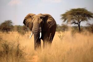 en stor elefant tjur i de savann skapas med generativ ai teknologi. foto