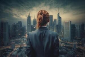ai generativ tillbaka se av affärskvinna ser på skyskrapor representerar ungdomlig mod i de företag värld foto