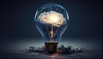 kreativ aning med hjärna och ljus Glödlampa generativ ai foto