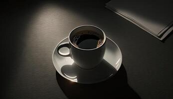 morgon- kaffe americano eller svart kaffe i kopp på kontor tabell, med kontor arbete dokument dekoration, lugna och koppla av kaffe, avslappning tid, varm dryck, med generativ ai. foto