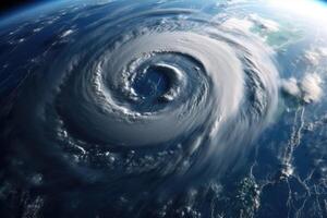 super tyfon, tropisk storm, cyklon, orkan, tornado, över hav. väder bakgrund. tyfon, storm, vindstorm, superstorm, storm rör sig till de jord. generativ ai. foto