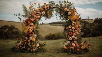 generativ ai, bröllop ceremoni boho rustik stil båge med blommor och växter, blomma buketter. foto