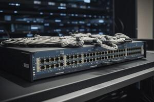 nätverk växla och Ethernet kablar data Centrum. generativ ai foto